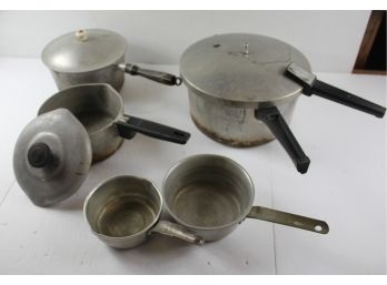 Old Pressure Cooker, Pot And Lid Only, Plus 4 Saucepans, 2 Have Lids
