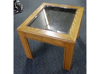 Square Glass Oak Table, 19.5 Tall, 23 X 26