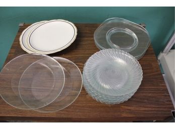Miscellaneous Glass Plates, 2 White, 3 Square Clear Glass, 8 Matching Dessert Plates, 4 Miscellaneous