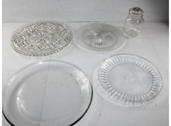 4 Glass Serving Dishes, 1 Divided Has A Small Chip, One Small Glass Canister