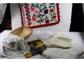 Glass Dish, Two Small Table Cloths, Basket And Doilies, Discolored Napkins