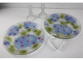 Two Large 13 Inch Glass Plates, Two Candlesticks, Heart Cookie Cutter