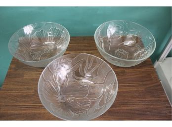 3 Large Floral Glass Serving Bowls - 10 In Diameter