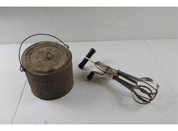 Old Egg Beater, Coal Miner's Lunch Pail, Ventilation Holes On Top , Metal