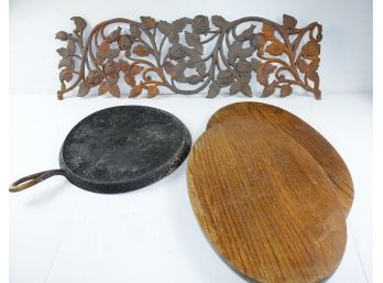 Wrought Iron Rose Decoration(has Chip), 28 X 18.5, Two Large Trivets, Griddle For Camp Fire