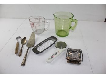 Vintage Green Glass 4-cup Measuring Cup, Butter Slicer, Egg Slicer, Pizza Cutter, Pie Server