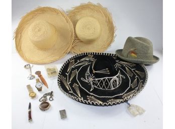 Misc Lot,  4 Hats, One Is A Sombrero, Two Watches, Knife, Pocket Watch