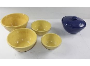 Set Of Four Yellow Pottery Stackable Bowls And One Blue Lidded Pot, 8 Inch Diameter Chipped On Rim
