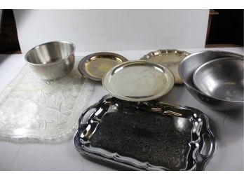 5 Serving Trays And 3 Stainless Bowls, Largest 13 In