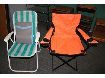 2 Fold Out Chairs - Orange One Has Bag, Plus Back Support Pad