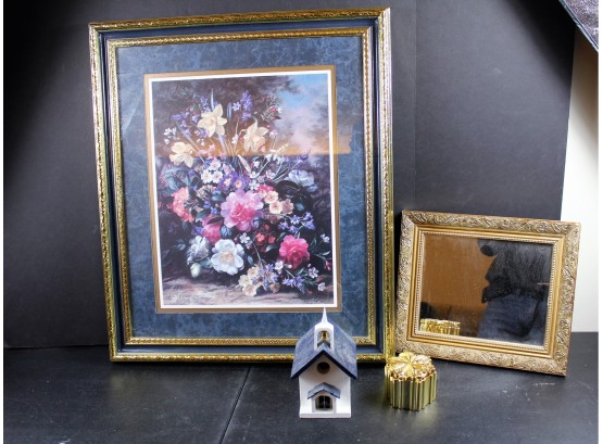 Large Floral Wall Hanging 28 X 23, Mirror 14 X 12, Church Birdhouse, Gold Snowflake Candle