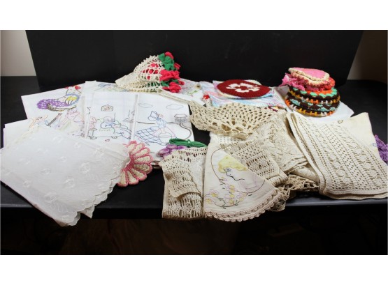 Box Of Embroidered Tea Towels, Potholders, Runners, Placemats Etc