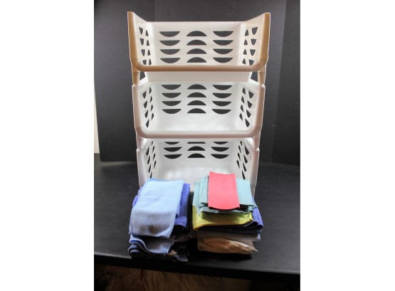 3 Stackable Plastic Baskets, Rags And Towels, 27 Inch High