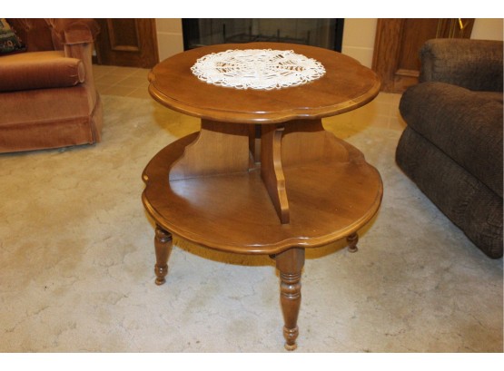 Round Size Table With Lower Shelf, Doily Included, Nice Shape
