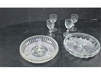 2 Glass Divided Dishes 9 In Diameter, 4 Tiny Goblets