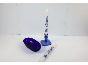 Heavy Cobalt Blue Candy Dish And Candle Holder With Two Candles