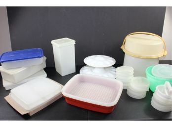 Large Lot Of Tupperware Cake And Pie Carriers, Deviled Egg Trays, Cracker Box