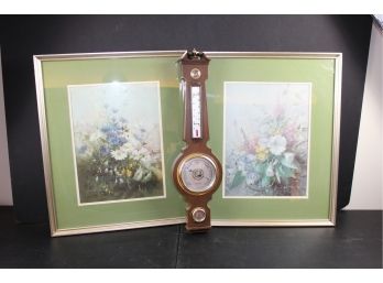 Two Floral Pictures 23 X 19,  Weather Station 24 In