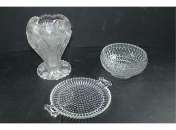 Three Pieces Of Glassware, Vase Is 9 In Tall