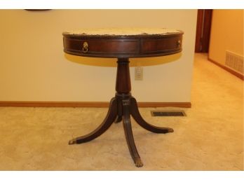Antique Imperial Table On 4 Pedestal Legs - Mahogany, 1 Drawer, 28 In Diameter With Doily