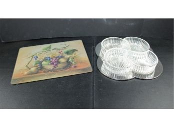 Serving Plate With Four Individual Glass Dishes, Cutting Board