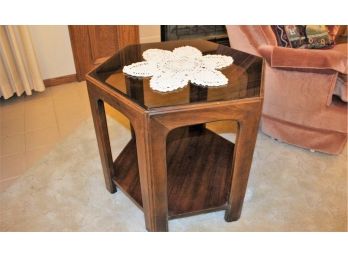 Hexagon Glass Side Table With Shelf Below - 23 In Tall, Doily Included