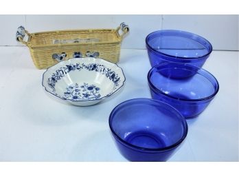 3 Blue Anchor Ovenware Bowls And Blue And White Serving Bowl With Basket
