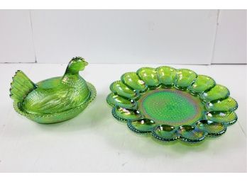 Indiana Glass Lime Green Carnival Glass Hen On Nest  -See Description