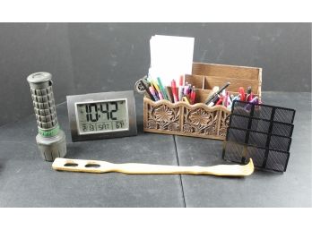 Wood Desk Sorter, Metal Stand, Flashlight, Digital Clock And Temperature, Back Scratcher