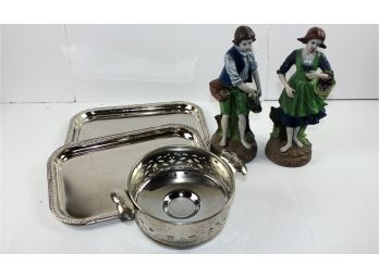 2 Stainless Serving Dishes, 2 Ceramic Figurines