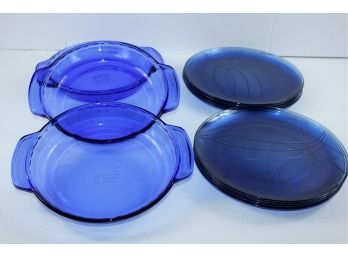 3 Blue Anchor Hocking Deep Dish Pie Plates, 8 Plastic Plates
