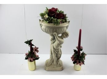 Statuary With Flowers And 2 Candlesticks