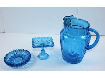 Blue Pitcher With Chipped Rim, Two Small Dishes