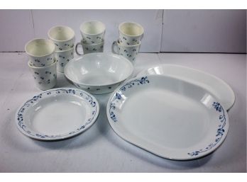 Corelle- 8 Cups, 2 Serving Plates, 2 Serving Bowls - White With Blue Flowers