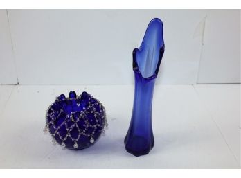 Vintage Czech Glass Blue Rose Bowl With Beads, Cobalt Blue Finger Vase