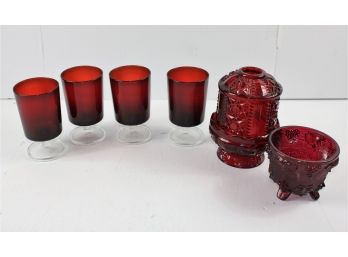 Red  4 Stemmed Glasses, Candle Holder, Candy Dish