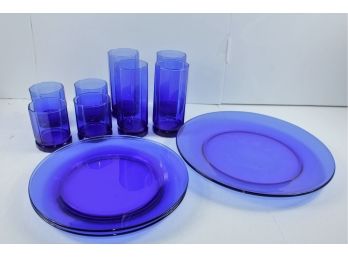Cobalt Blue Serving Platter, Two Plates, Eight Glasses