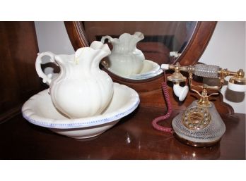 Pitcher And Bowl, Bowl 16 Inch Diameter, Pitcher 11 In Tall, Crack On Pitcher, Old Style Phone
