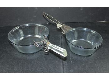 Two Pyrex Glass Bowls, 7 And 8 In With Vintage Handles