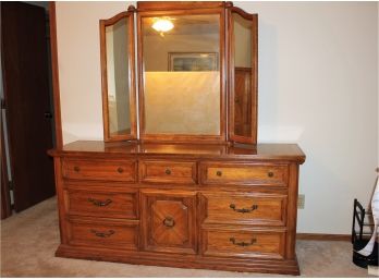 Large Dresser With Folding Mirror- 68.5 Wide 19 In Deep 32 Inch Tall 80 In With Mirror