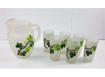 Frosted Pitcher With Ivy Decor And Six Glasses