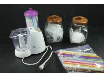 2 Glass Canisters, Container Of Straws, GE Deluxe Chopper
