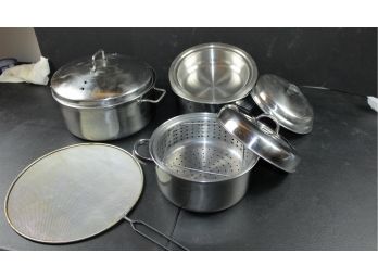 3 Stainless Pans With Lids, 1 Metro Brand, One Double Broiler, Two Are Steamers