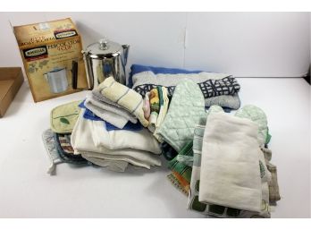 New 9 Cup Percolator And Miscellaneous Kitchen Towels And Potholders