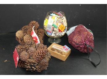 Bowl Full Of Matches, Bags Of Holiday Pinecones, Wooden Match Holder