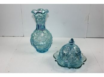 Lenox Imperial Glass Loganberry Carnival Glass Vase, Verizon Blue With Vintage Covered Dish