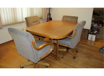 Nice Wood Kitchen Table And 4 Rolling Chairs - 5 Ft Long With 18in Leaf