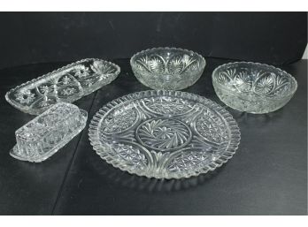 4 Glass Serving Dishes And Butter Dish With Lid