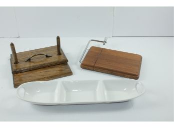 Teak Wood Cheese Cutter, Napkin Holder And White Relish Tray