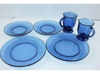 Two Blue Dinner Plates, Two Smaller Plates, Two Mugs
